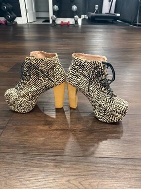 Jeffrey Campbell Litas Size 6.5 Ponyhair Platform Ankle Boots in Black & Cream